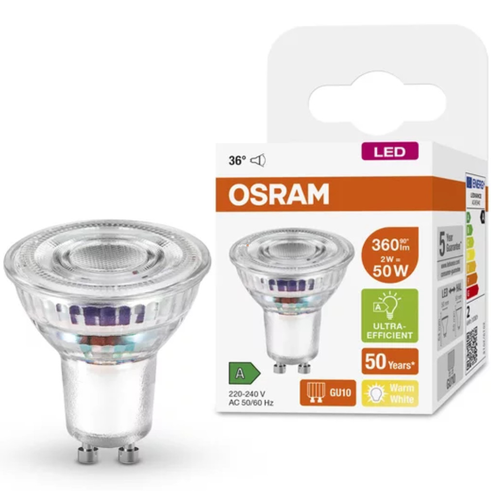 Osram GU10 ultrahatékony LED 2W 350lm 2700K 36° - 50W izzó helyett