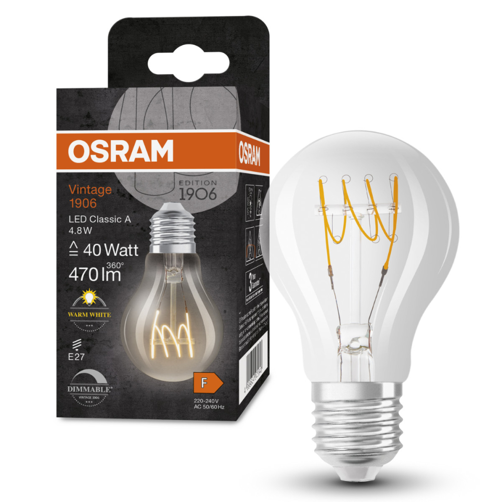 Osram E27 LED 4,8W, 470 lm, 2700 K, melegfehér, dimmelhető, áttetsző üveg-40 W izzó helyett - Vintage 1906 DIM Classic A filament