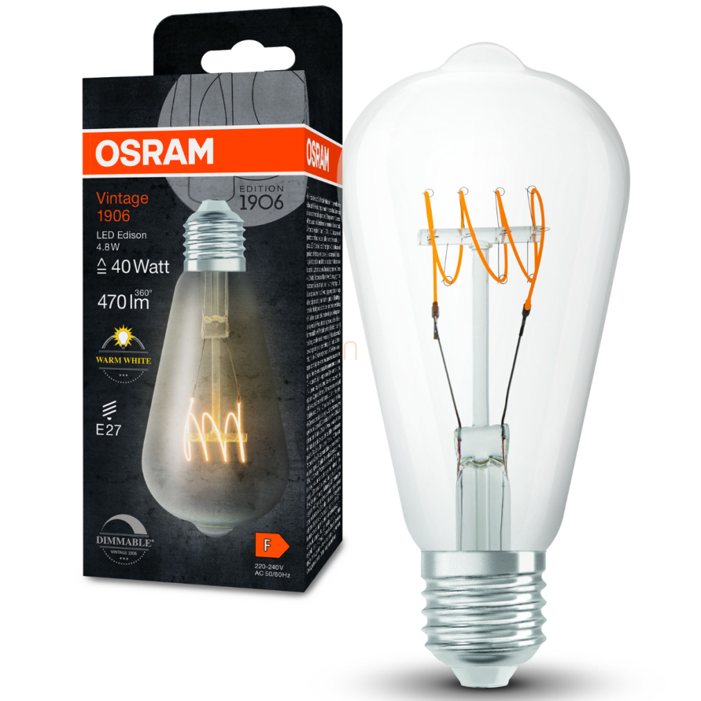 Osram E27 LED 4,8W, 470 lm, 2700 K, melegfehér, dimmelhető, áttetsző üveg-40 W izzó helyett - Vintage 1906 DIM Classic Edison filament