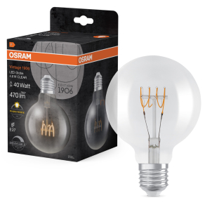  Osram E27 LED 4,8W, 470 lm, 2700 K, melegfehér, dimmelhető, áttetsző üveg-40 W izzó helyett - Vintage 1906 DIM Classic Globe95 filament