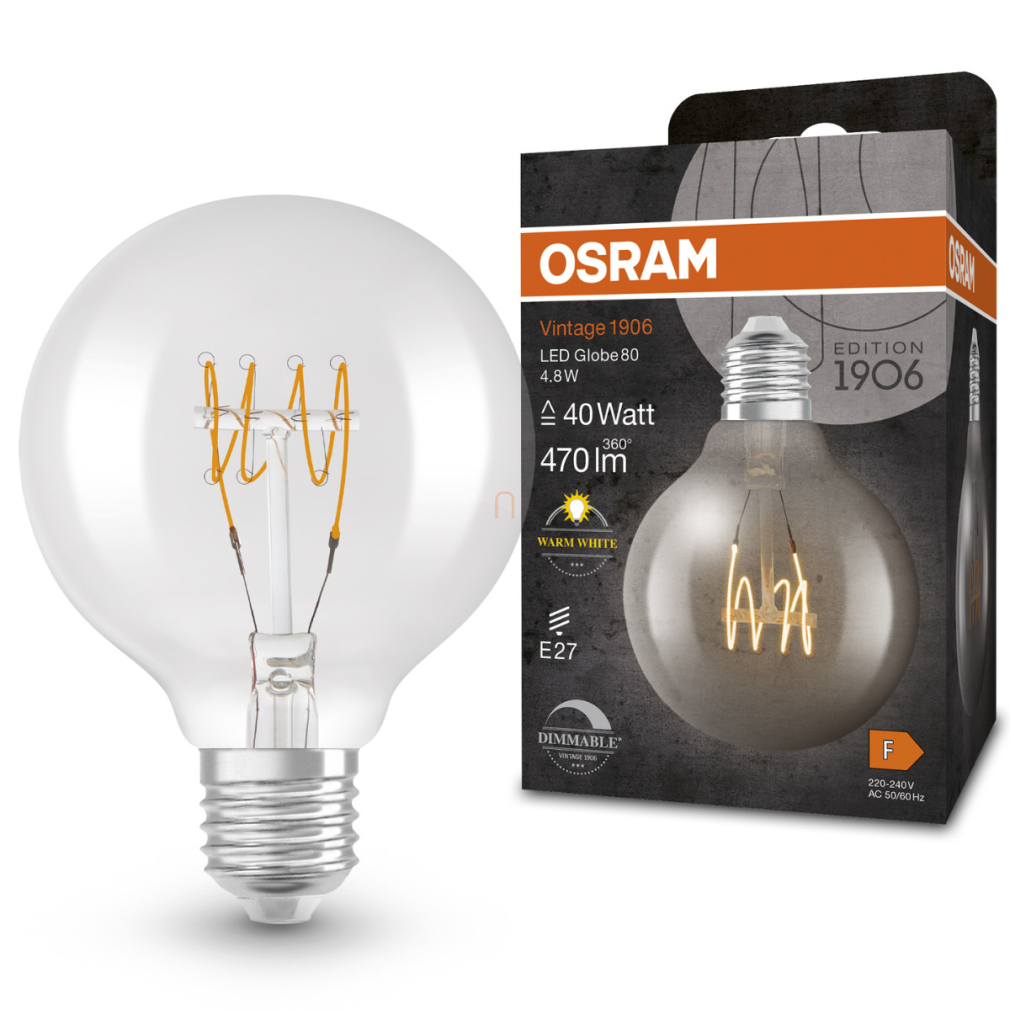 Osram E27 LED 4,8W, 470 lm, 2700 K, melegfehér, dimmelhető, áttetsző üveg-40 W izzó helyett - Vintage 1906 DIM Classic Globe filament