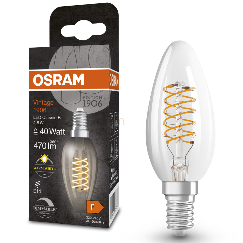 Osram E14 LED gyertya, 4,8W, 470 lm, 2700 K, melegfehér, dimmelhető, áttetsző üveg-40 W izzó helyett - Vintage 1906 DIM Classic B filament