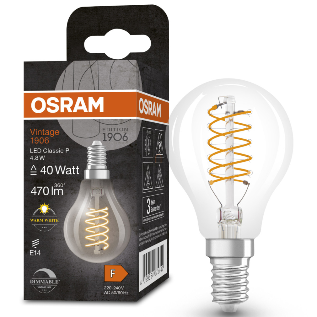 Osram E14 LED kisgömb, 4,8W, 470 lm, 2700 K, melegfehér, dimmelhető, áttetsző üveg-40 W izzó helyett - Vintage 1906 DIM Classic P filament