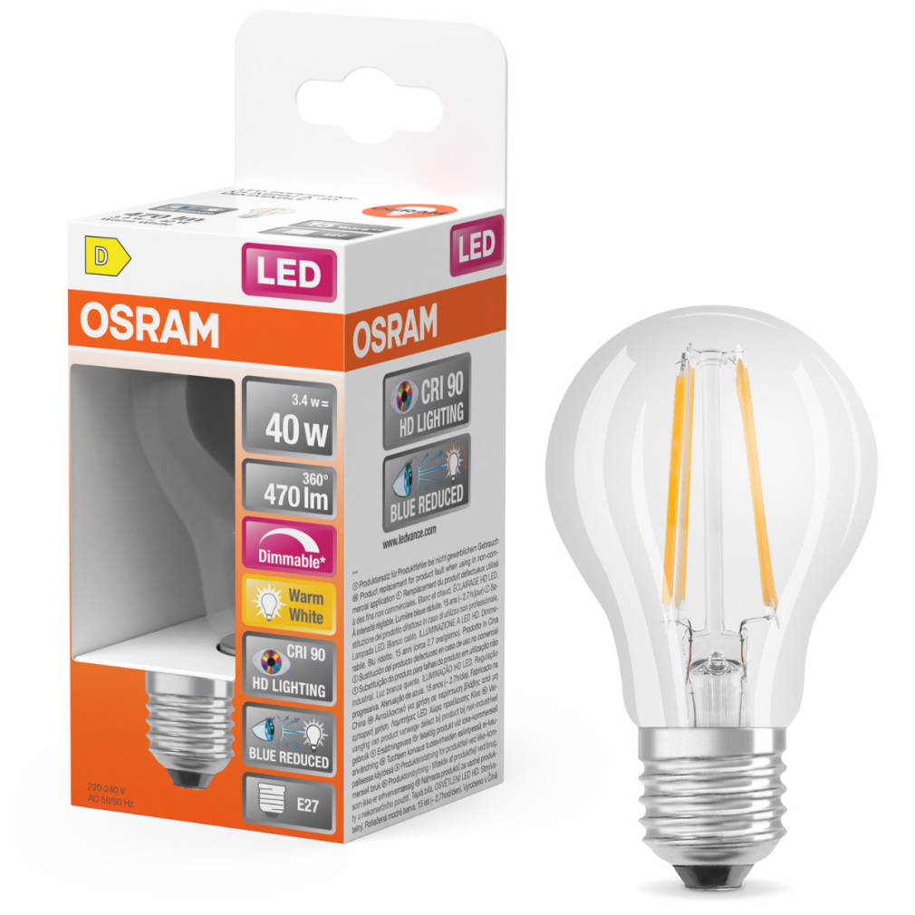 Osram E27 LED 3,4W, 470 lm, 2700 K, melegfehér, dimmelhető, áttetsző üveg-40 W normál izzó helyett - Superstar+ Classic A filament