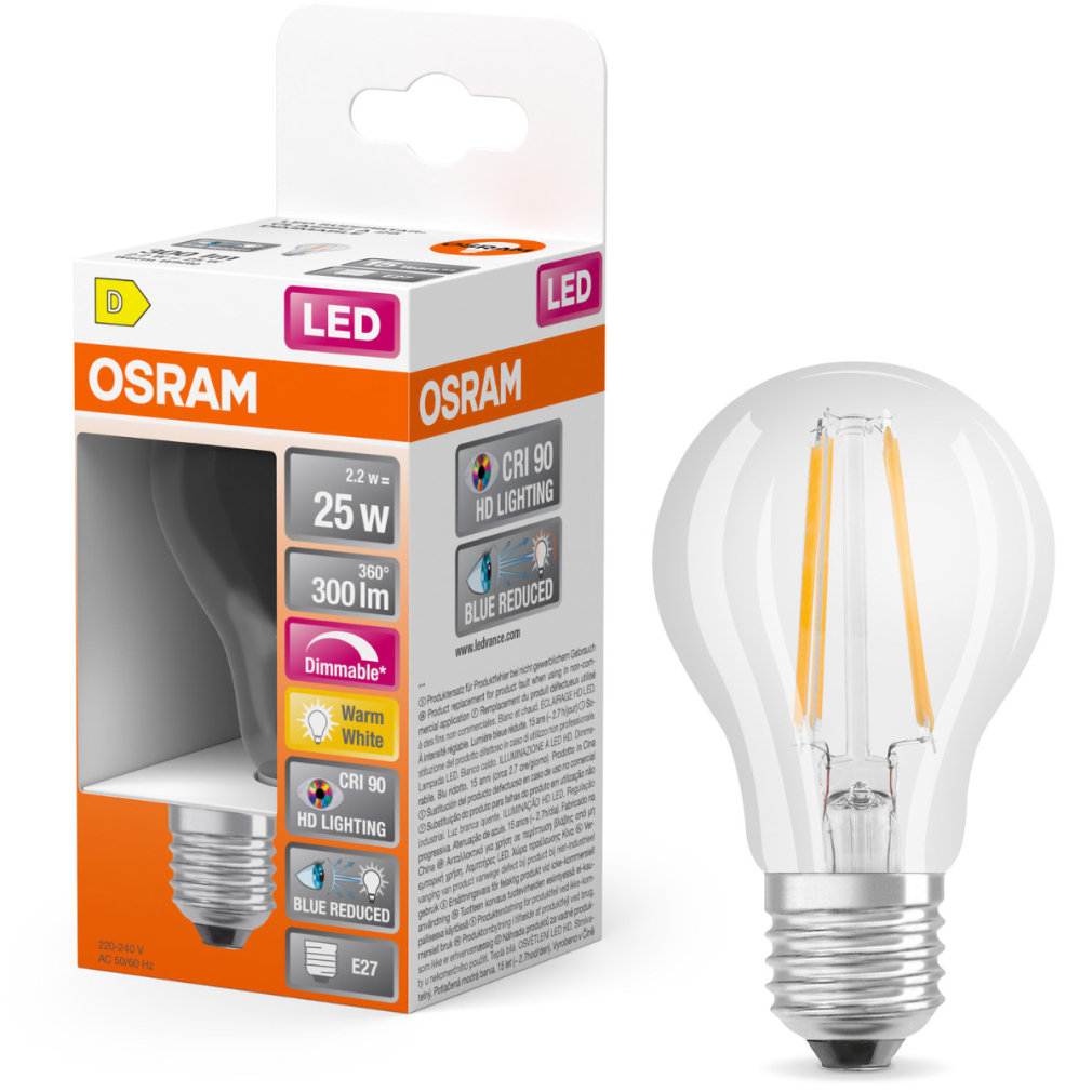 Osram E27 LED 2,2W, 300 lm, 2700 K, melegfehér, dimmelhető, áttetsző üveg-25 W normál izzó helyett - Superstar+ Classic A filament