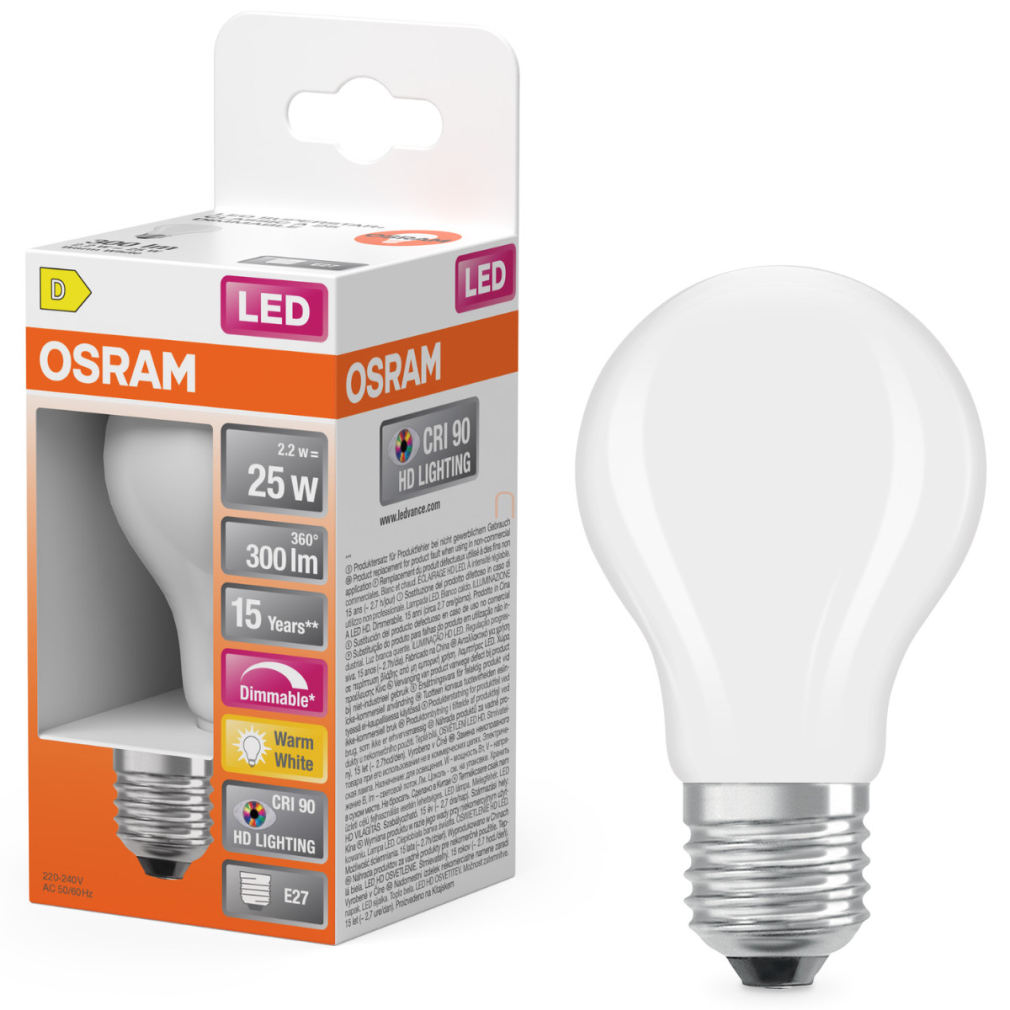 Osram E27 LED 2,2W, 300 lm, 2700 K, melegfehér, dimmelhető, opál üveg-25 W normál izzó helyett - Superstar+ Classic A