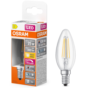  Osram E14 LED gyertya, 2,2W, 300 lm, 2700 K, melegfehér, dimmelhető, áttetsző üveg-25 W izzó helyett - Superstar+ Classic B filament