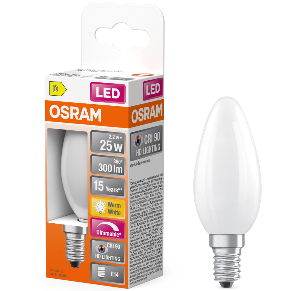 Osram E14 LED gyertya, 2,2W, 300 lm, 2700 K, melegfehér, dimmelhető, opál üveg-25 W izzó helyett - Superstar+ Classic B