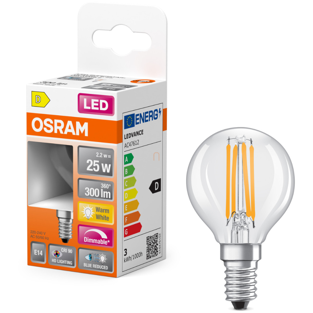 Osram E14 LED kisgömb, 2,2W, 300 lm, 2700 K, melegfehér, dimmelhető, áttetsző üveg-25 W izzó helyett - Superstar+ Classic P filament