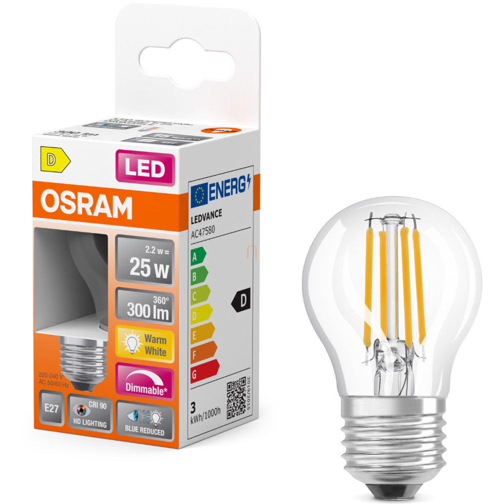 Osram E27 LED kisgömb, 2,2W, 300 lm, 2700 K, melegfehér, dimmelhető, áttetsző üveg-25 W izzó helyett - Superstar+ Classic P filament
