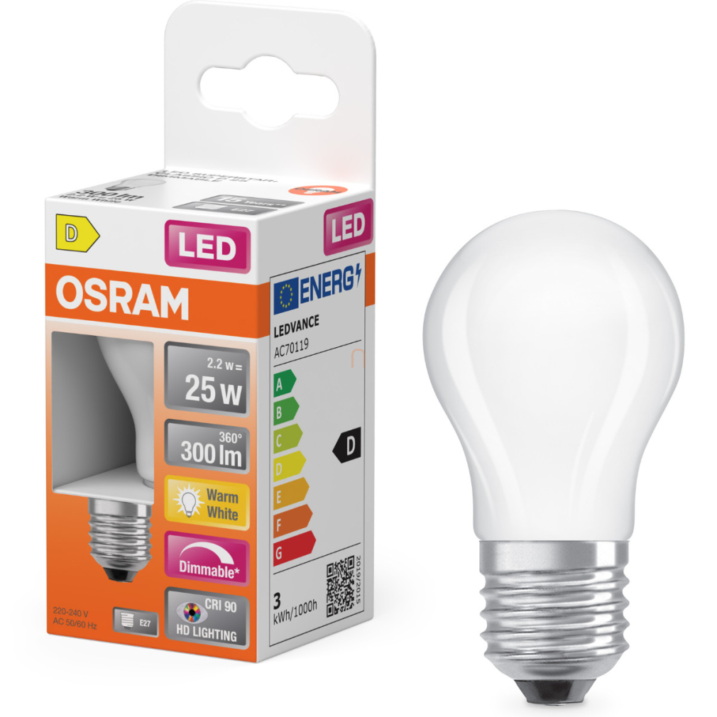 Osram E27 LED kisgömb, 2,2W, 300 lm, 2700 K, melegfehér, dimmelhető, opál üveg-25 W izzó helyett - Superstar+ Classic P 
