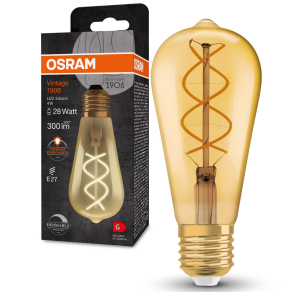   Osram E27 LED 4W, 300 lm, 2000 K, candlelight, dimmelhető, arany színű színű üveg-25 W izzó helyett - Vintage 1906 DIM Classic Edison Gold filament