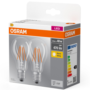   Osram E27 LED 4W, 470 lm, 2700 K, melegfehér, áttetsző üveg-40 W normál izzó helyett, 2 darabos - Classic A 40 filament