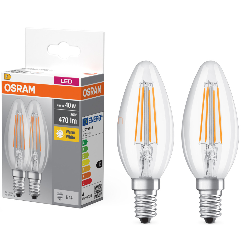 Osram E14 LED gyertya, 4W, 470 lm, 2700 K, melegfehér, áttetsző üveg-40 W izzó helyett, 2 darabos - Base Classic B filament