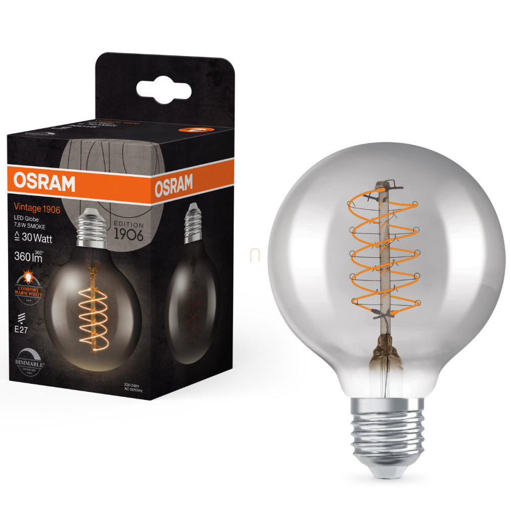 Osram E27 LED 7,8W, 360 lm, 1800 K, candlelight, dimmelhető, füstszínű üveg-30 W izzó helyett - Vintage 1906 DIM Classic Globe Smoke filament