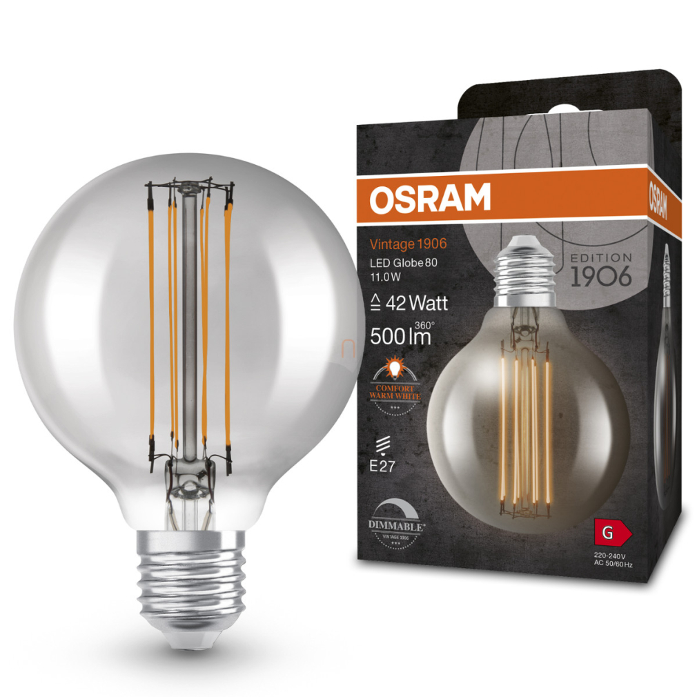 Osram E27 LED 11W, 500 lm, 1800 K, candlelight, dimmelhető, füstszínű üveg-40 W izzó helyett - Vintage 1906 DIM Classic Globe Smoke filament