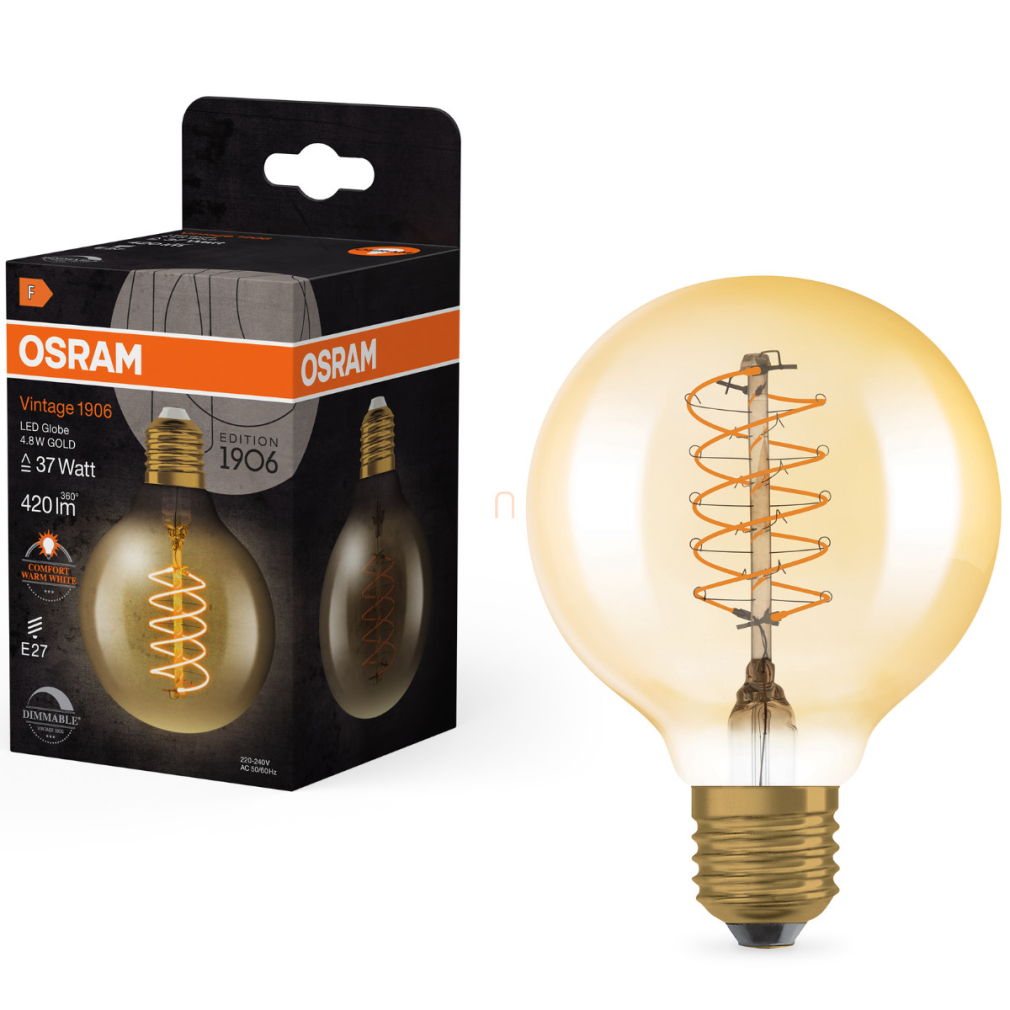 Osram E27 LED 4,8W, 420 lm, 2200 K, candlelight, dimmelhető, arany színű színű üveg-35 W izzó helyett - Vintage 1906 DIM Classic Globe Gold filament
