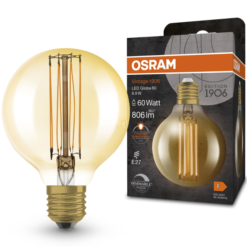 Osram E27 LED 8,8W, 806 lm, 2200 K, candlelight, dimmelhető, arany színű színű üveg-60 W izzó helyett - Vintage 1906 DIM Classic Globe Gold filament