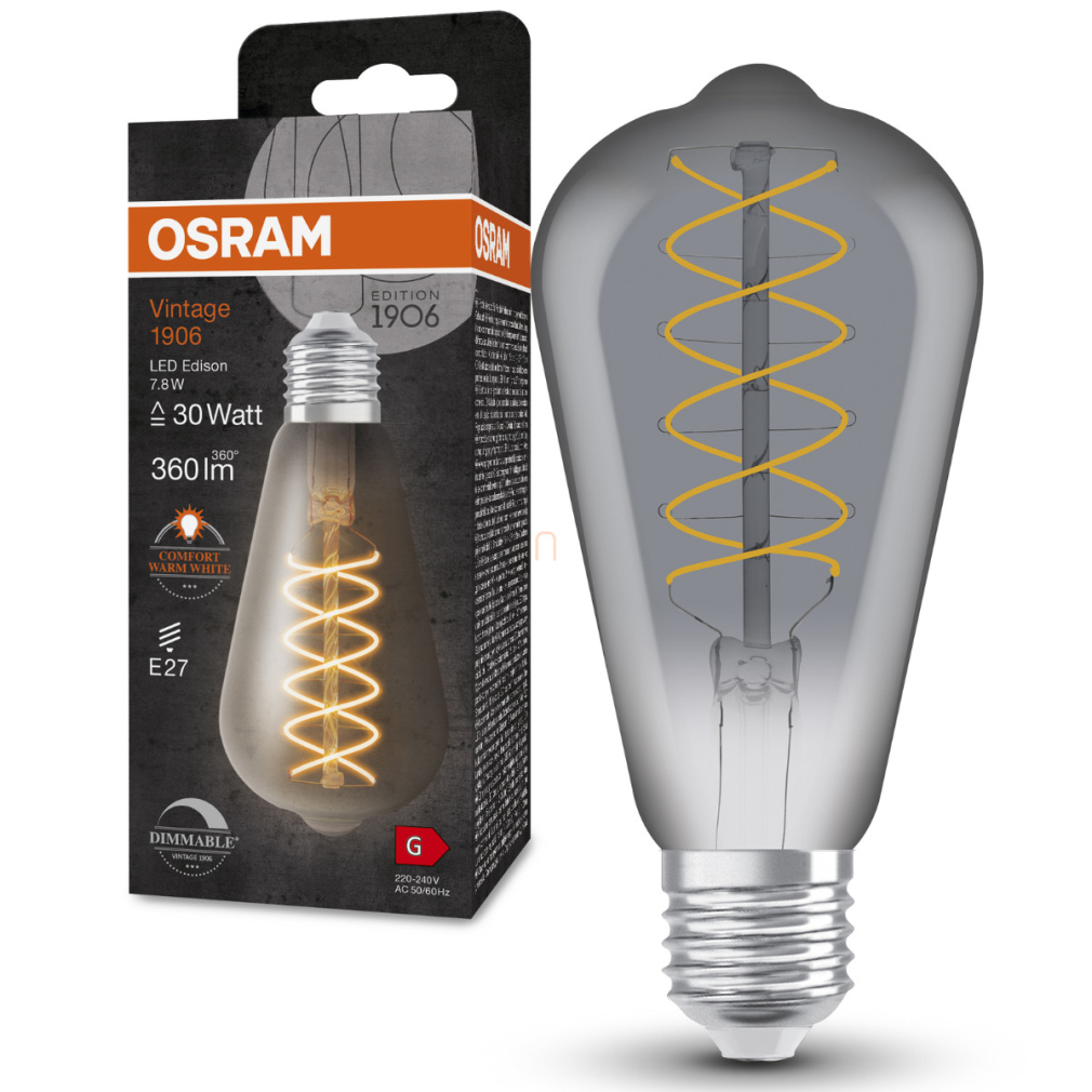 Osram E27 LED 7,8W, 360 lm, 1800 K, candlelight, dimmelhető, füstszínű üveg-30 W izzó helyett - Vintage 1906 DIM Classic Edison Smoke filament