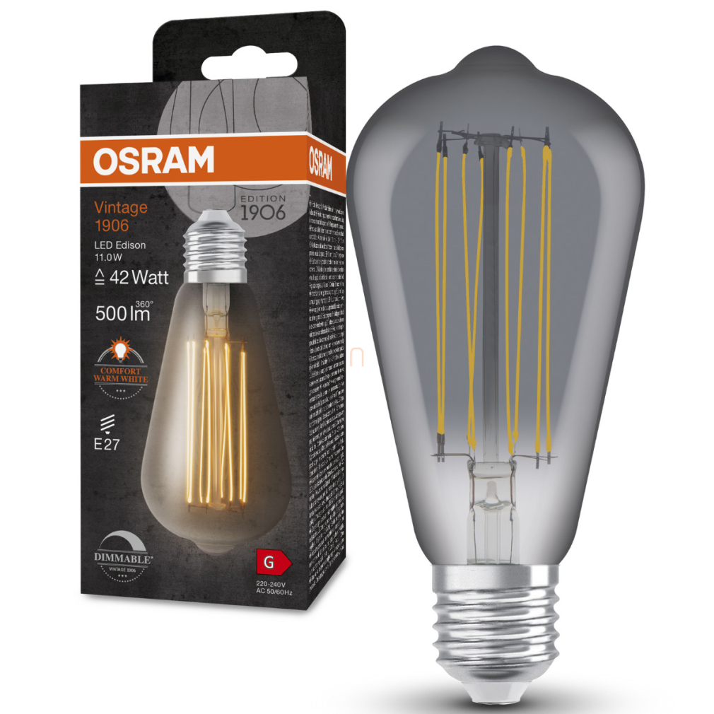 Osram E27 LED 11W, 500 lm, 1800 K, candlelight, dimmelhető, füstszínű üveg-40 W izzó helyett - Vintage 1906 DIM Classic Edison Smoke filament