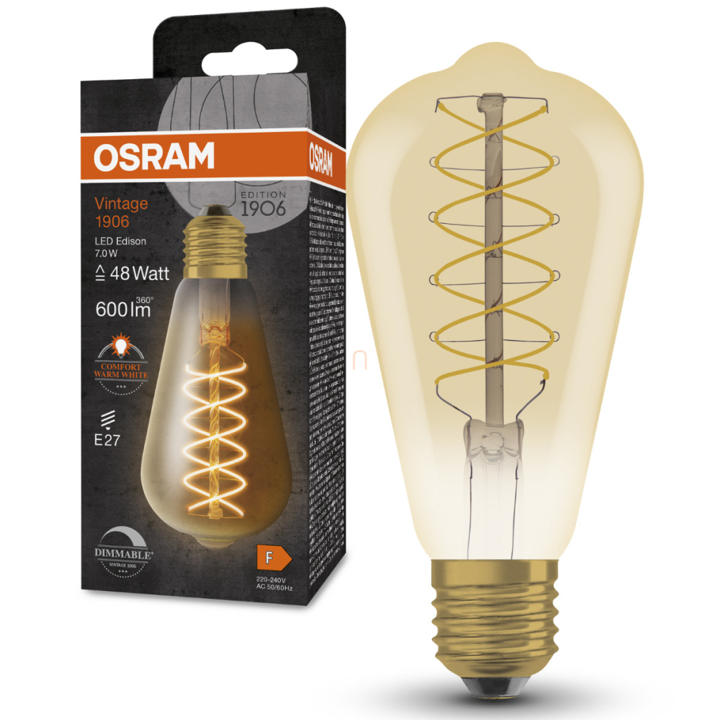 Osram E27 LED 7W, 600 lm, 2200 K, candlelight, dimmelhető, arany színű színű üveg-50 W izzó helyett - Vintage 1906 DIM Classic Edison Gold filament