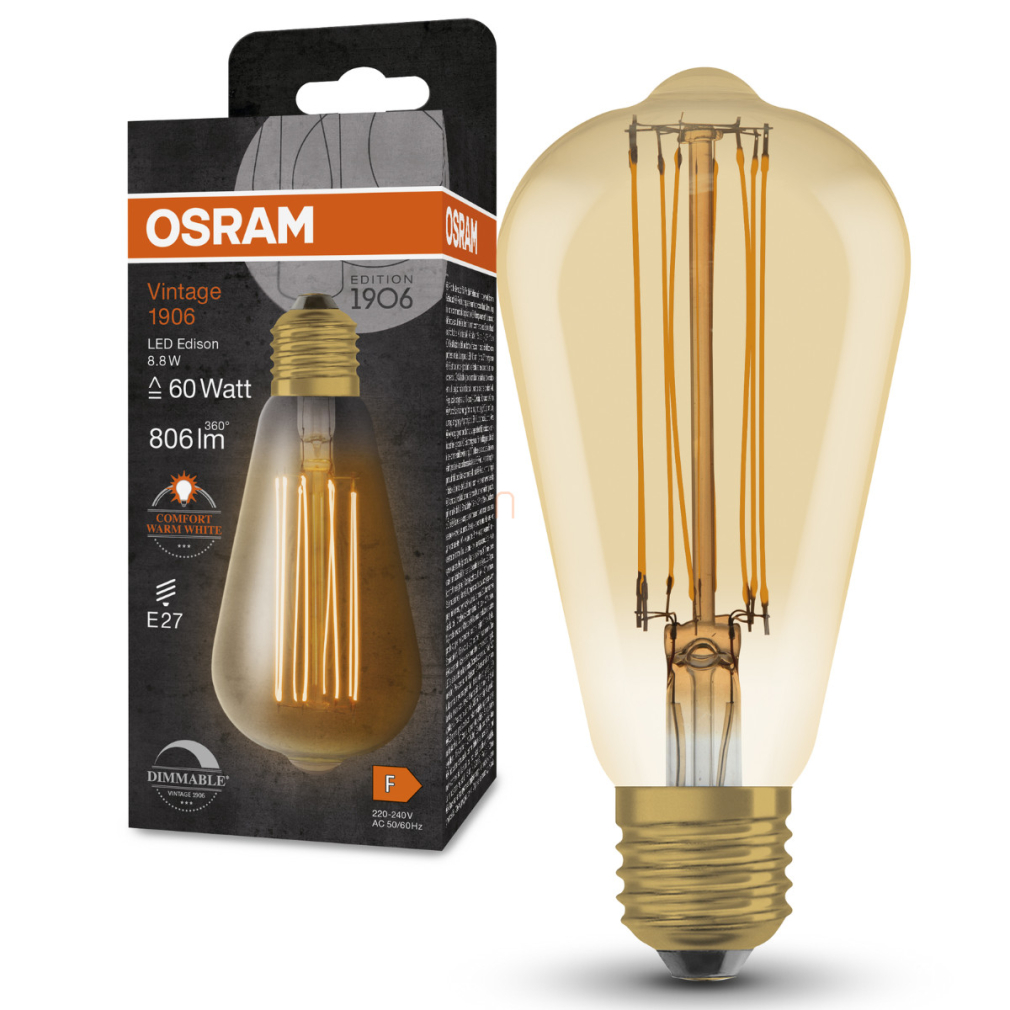 Osram E27 LED 8,8W, 806 lm, 2200 K, candlelight, dimmelhető, arany színű színű üveg-60 W izzó helyett - Vintage 1906 DIM Classic Edison Gold filament
