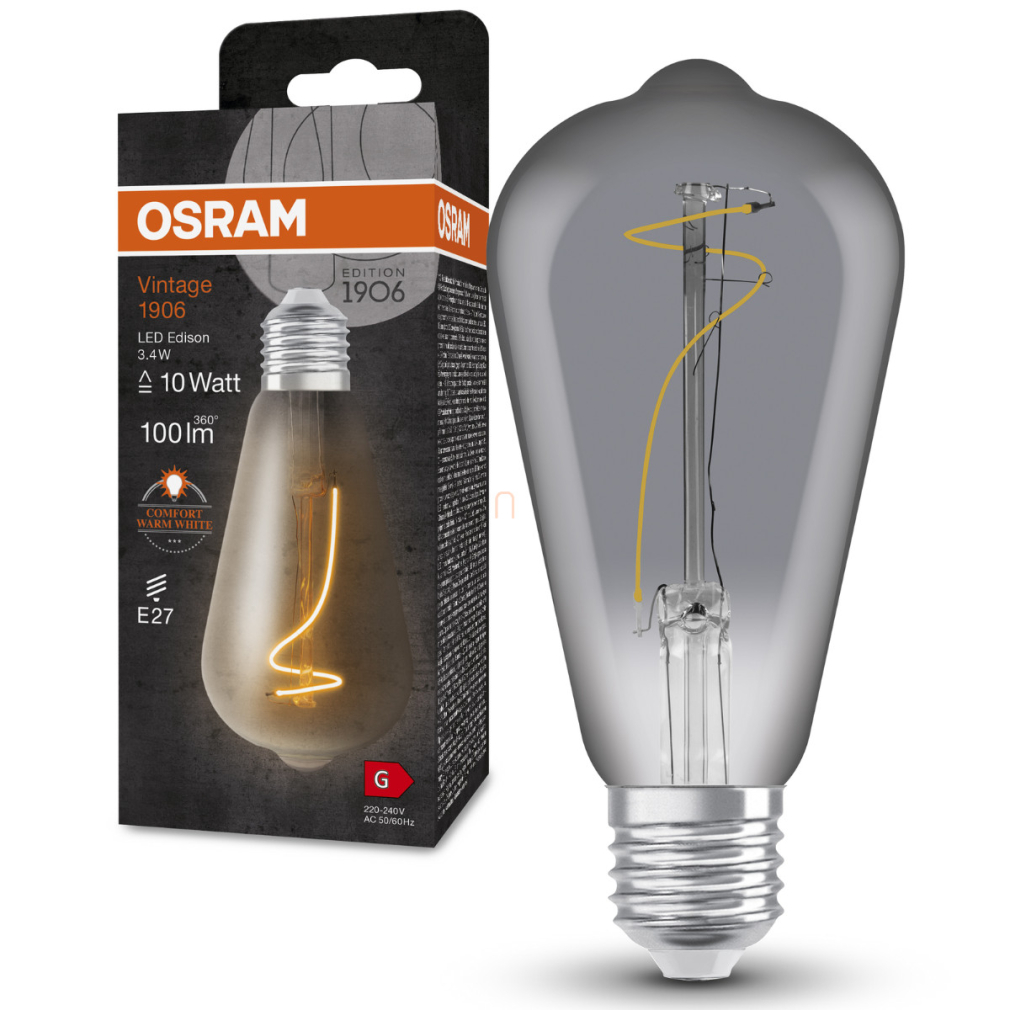 Osram E27 LED 3,4W, 100 lm, 1800 K, candlelight, füstszínű üveg-10 W izzó helyett - Vintage 1906 Classic Edison Smoke filament