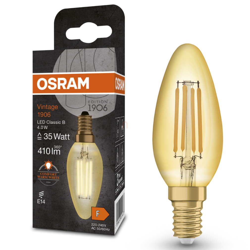 Osram E14 LED gyertya, 4W, 410 lm, 2400 K, candlelight, arany színű színű üveg-35 W izzó helyett - Vintage 1906 Classic BA filament