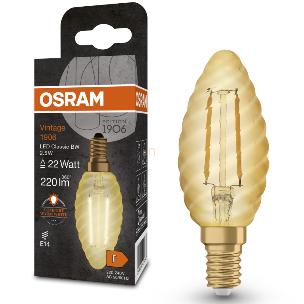 Osram E14 LED gyertya, 2,5W, 220 lm, 2400 K, candlelight, arany színű színű üveg-20 W izzó helyett - Vintage 1906 Classic BW filament