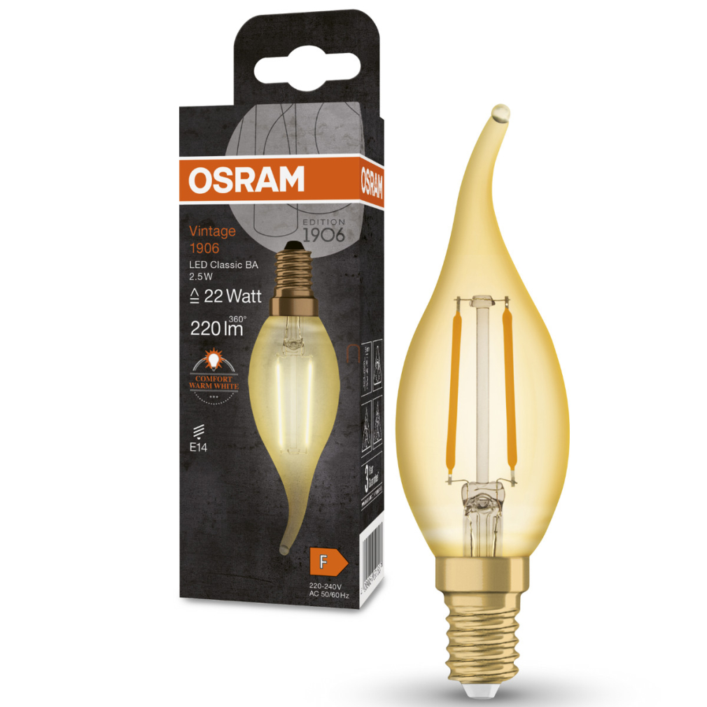 Osram E14 LED gyertya, 2,5W, 220 lm, 2400 K, candlelight, arany színű színű üveg-20 W izzó helyett - Vintage 1906 Classic BA filament