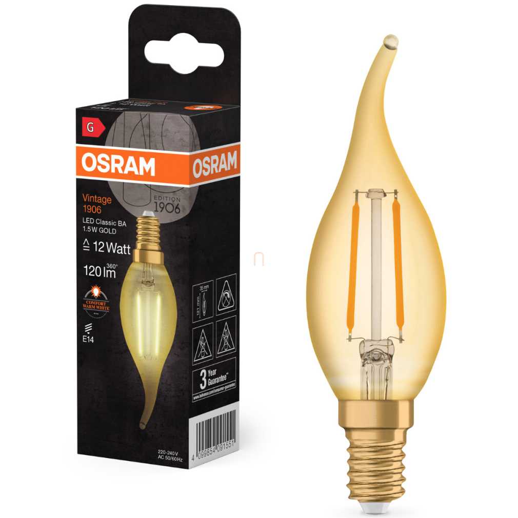 Osram E14 LED gyertya, 1,5W, 120 lm, 2400 K, candlelight, arany színű színű üveg-10 W izzó helyett - Vintage 1906 Classic BA filament