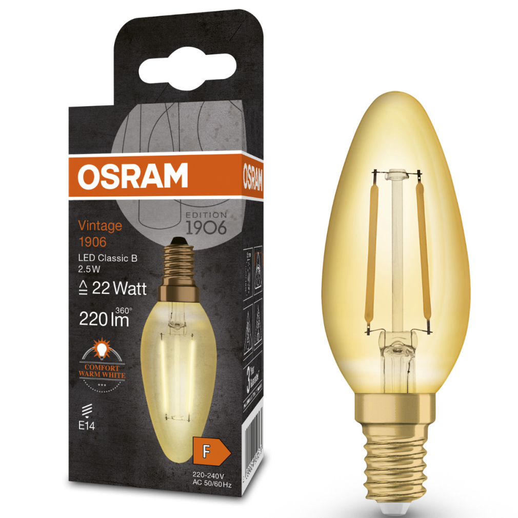 Osram E14 LED gyertya, 2,5W, 220 lm, 2400 K, candlelight, arany színű színű üveg-20 W izzó helyett - Vintage 1906 Classic B filament