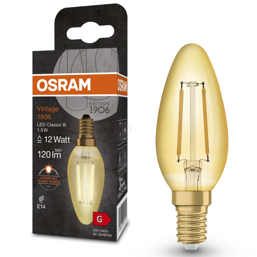 Osram E14 LED gyertya, 1,5W, 120 lm, 2400 K, candlelight, arany színű színű üveg-10 W izzó helyett - Vintage 1906 Classic B filament