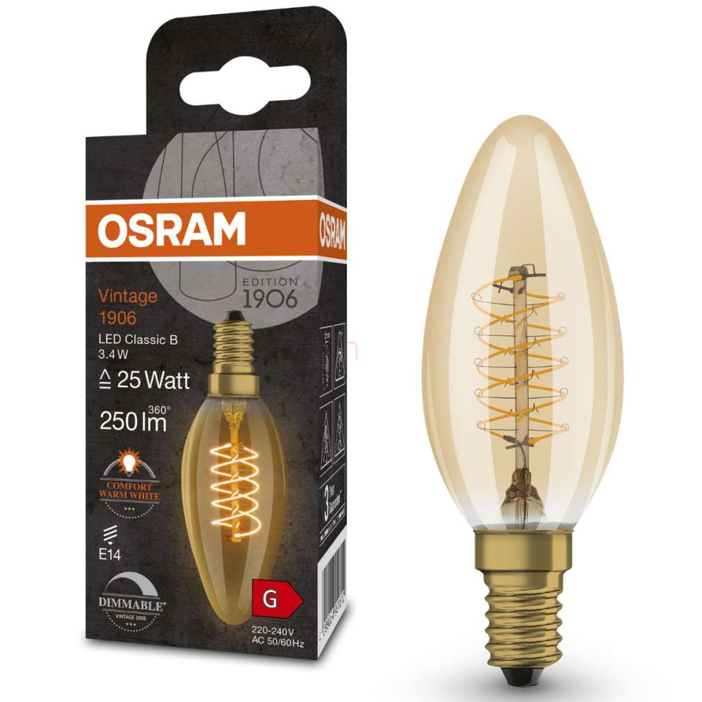 Osram E14 LED gyertya, 3,4W, 250 lm, 2200 K, candlelight, dimmelhető, arany színű színű üveg-25 W izzó helyett - Vintage 1906 DIM Classic B Gold filament
