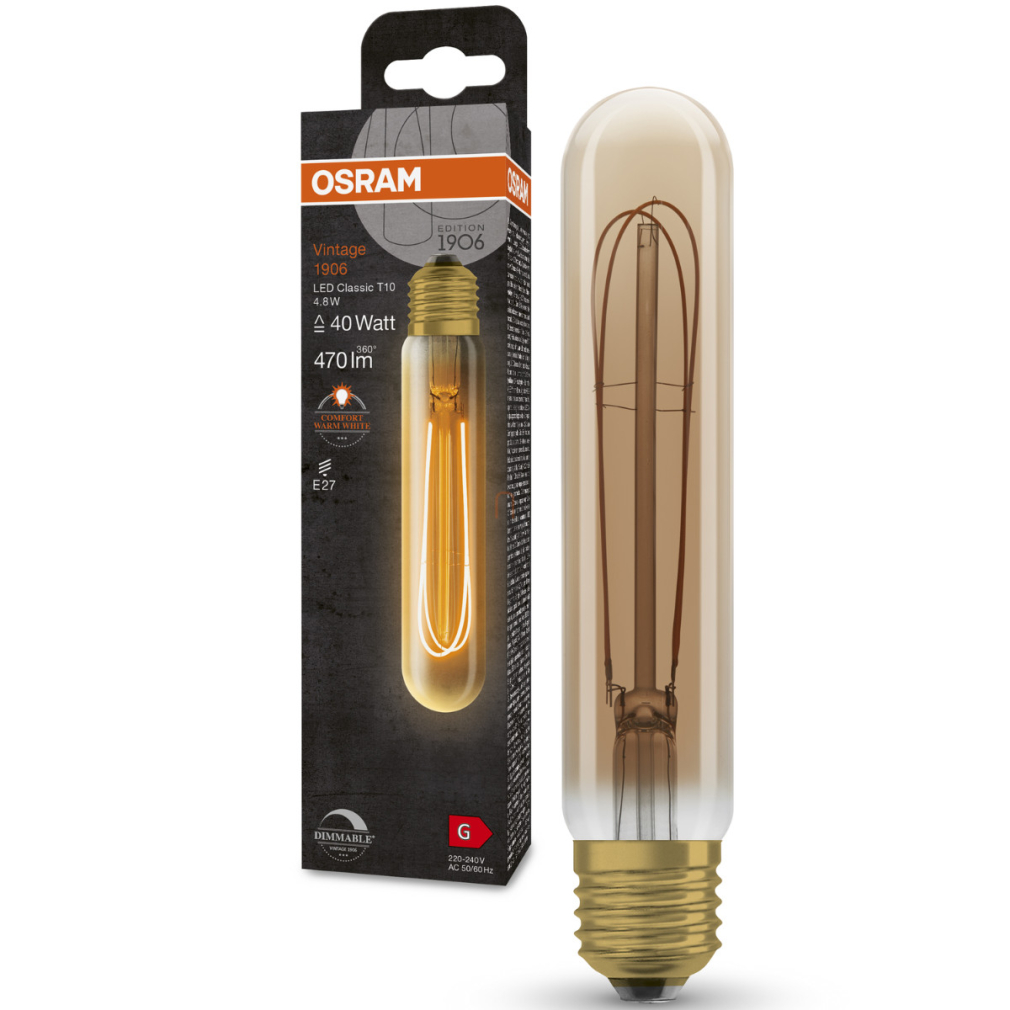 Osram E27 LED 4,8W, 470 lm, 2200 K, candlelight, dimmelhető, arany színű színű üveg-40 W izzó helyett - Vintage 1906 DIM Classic Tubular Gold filament