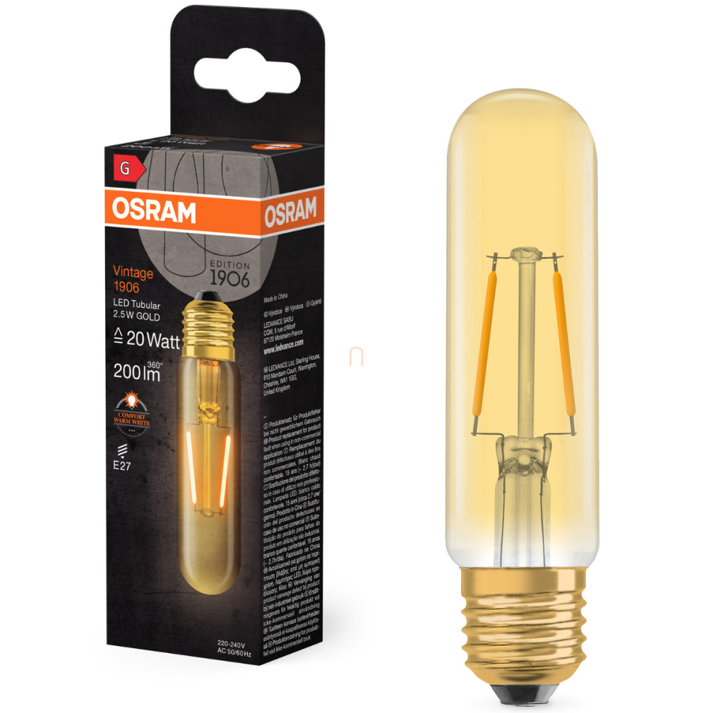 Osram E27 LED 2,5W, 200 lm, 2000 K, candlelight, arany színű színű üveg-20 W izzó helyett - Vintage 1906 Classic Tubular Gold filament