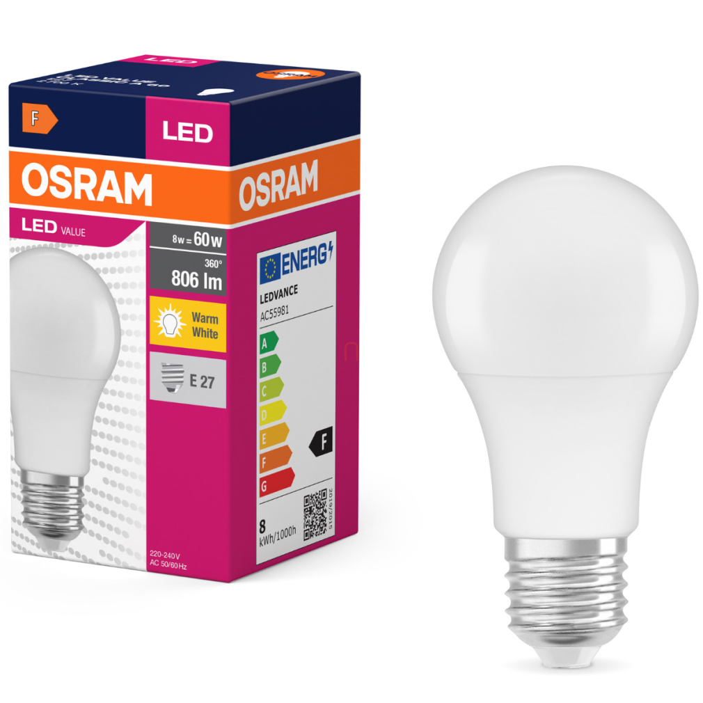 Osram E27 LED 8W, 806 lm, 2700 K, melegfehér, opál műanyag-60 W normál izzó helyett - Value Classic A