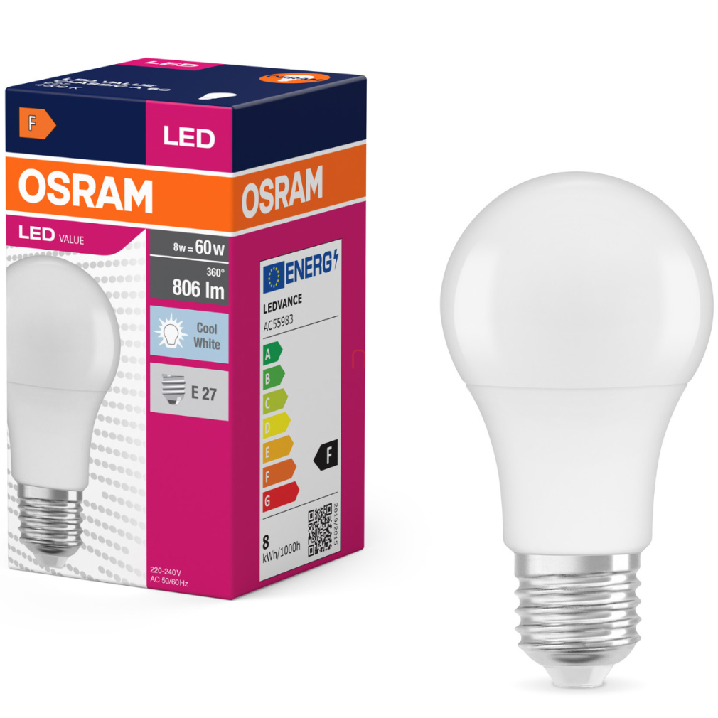 Osram E27 LED 8W, 806 lm, 4000 K, hidegfehér, opál műanyag-60 W normál izzó helyett - Value Classic A