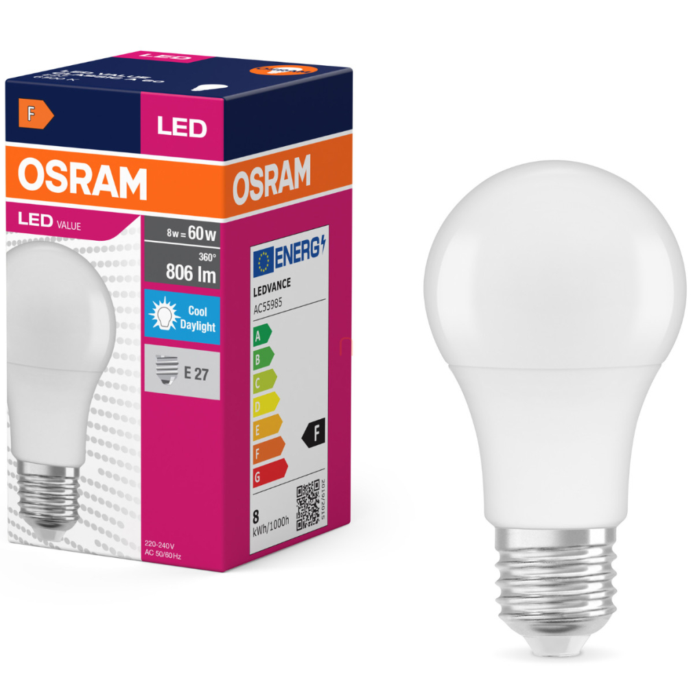 Osram E27 LED 8W, 806 lm, 6500 K, daylight, opál műanyag-60 W normál izzó helyett - Value Classic A