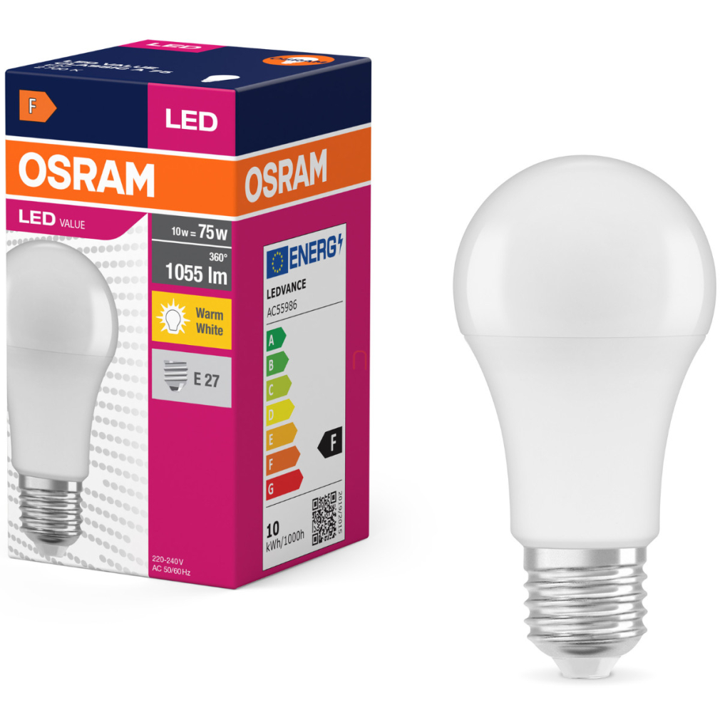 Osram E27 LED 10W, 1055 lm, 2700 K, melegfehér, opál műanyag-75 W normál izzó helyett - Value Classic A