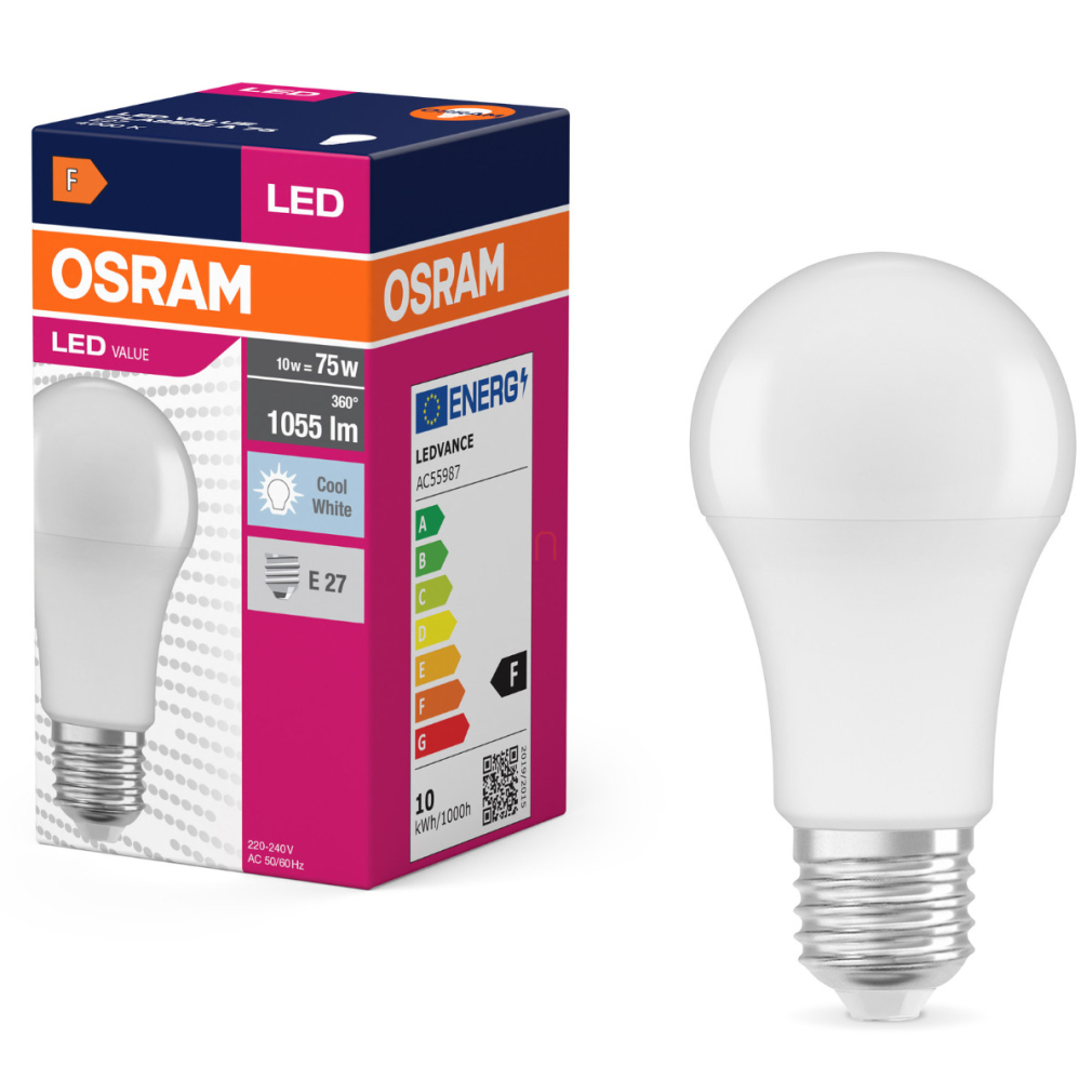 Osram E27 LED 10W, 1055 lm, 4000 K, hidegfehér, opál műanyag-75 W normál izzó helyett - Value Classic A
