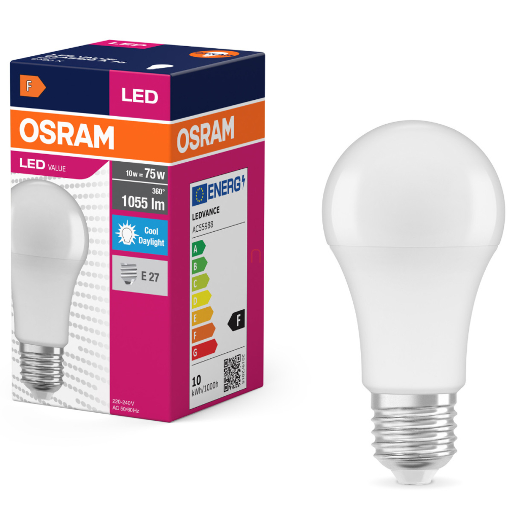 Osram E27 LED 10W, 1055 lm, 6500 K, daylight, opál műanyag-75 W normál izzó helyett - Value Classic A