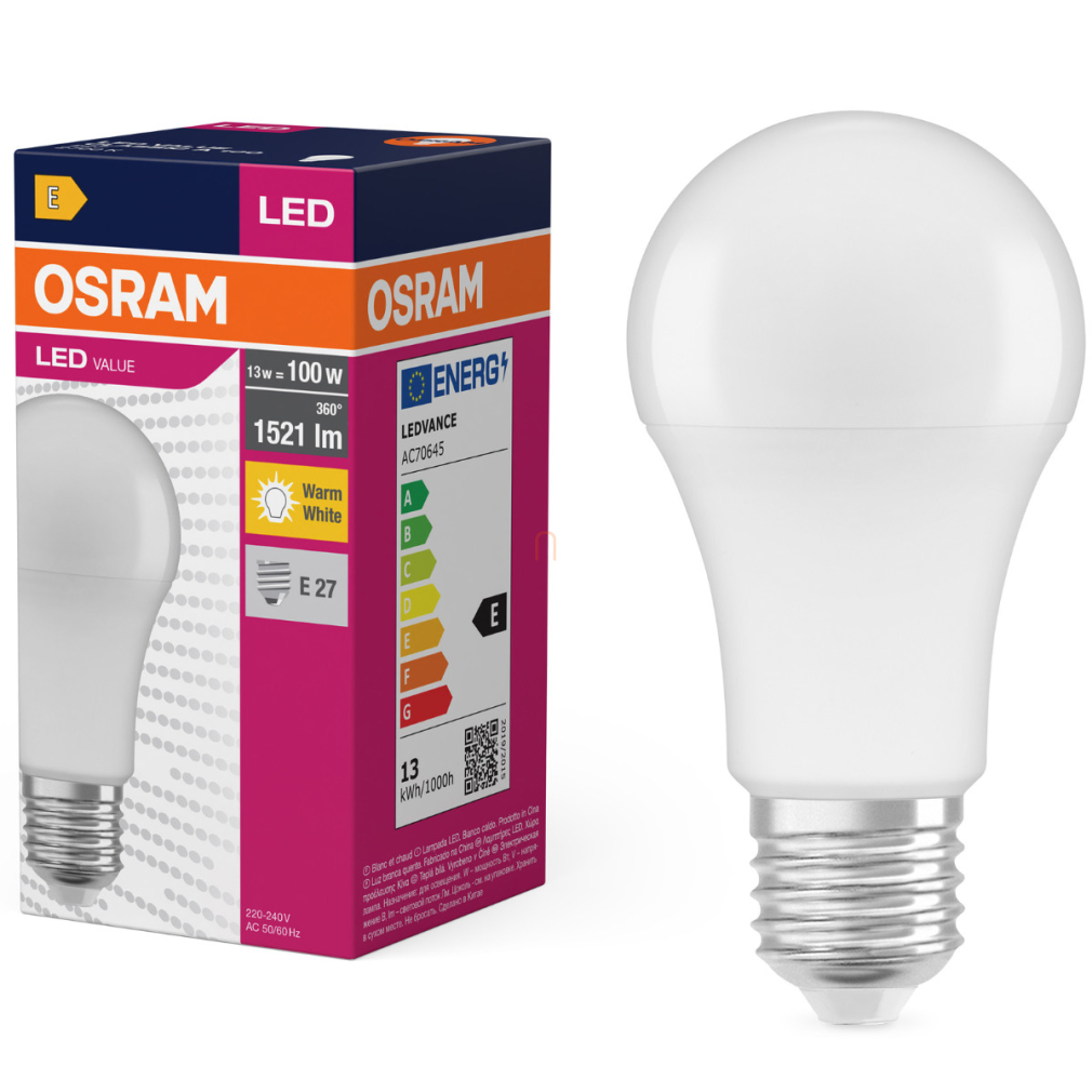 Osram E27 LED 13W, 1521 lm, 2700 K, melegfehér, opál műanyag-100 W normál izzó helyett - Value Classic A