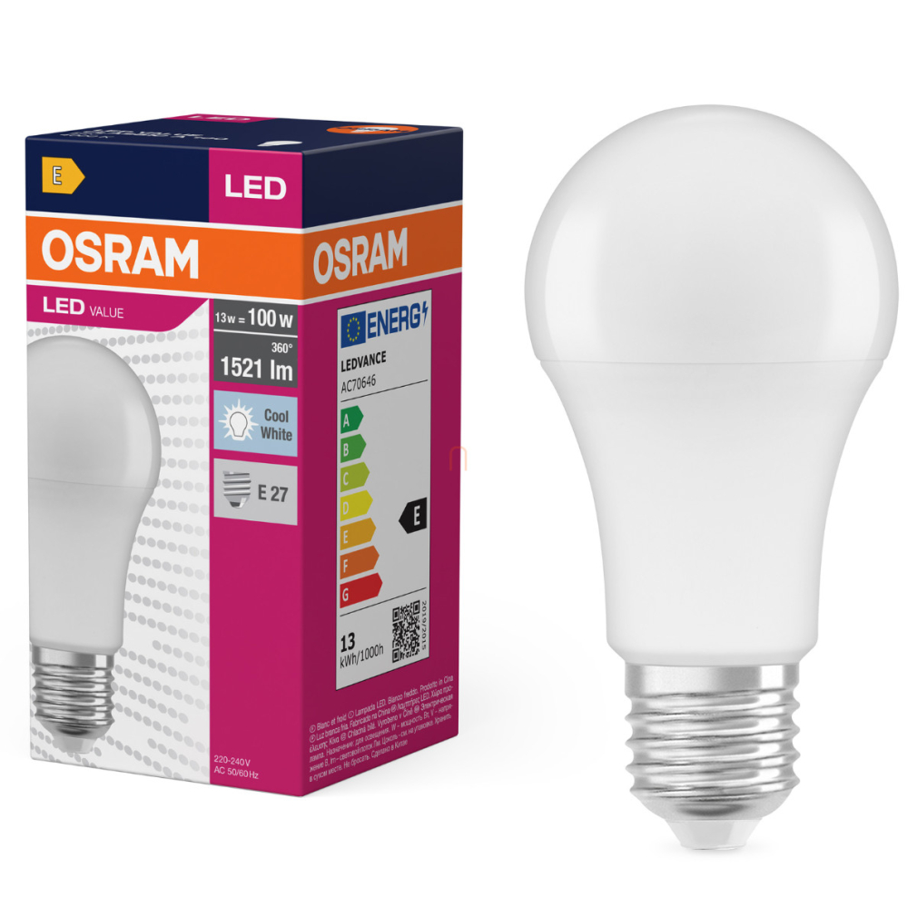 Osram E27 LED 13W, 1521 lm, 4000 K, hidegfehér, opál műanyag-100 W normál izzó helyett - Value Classic A