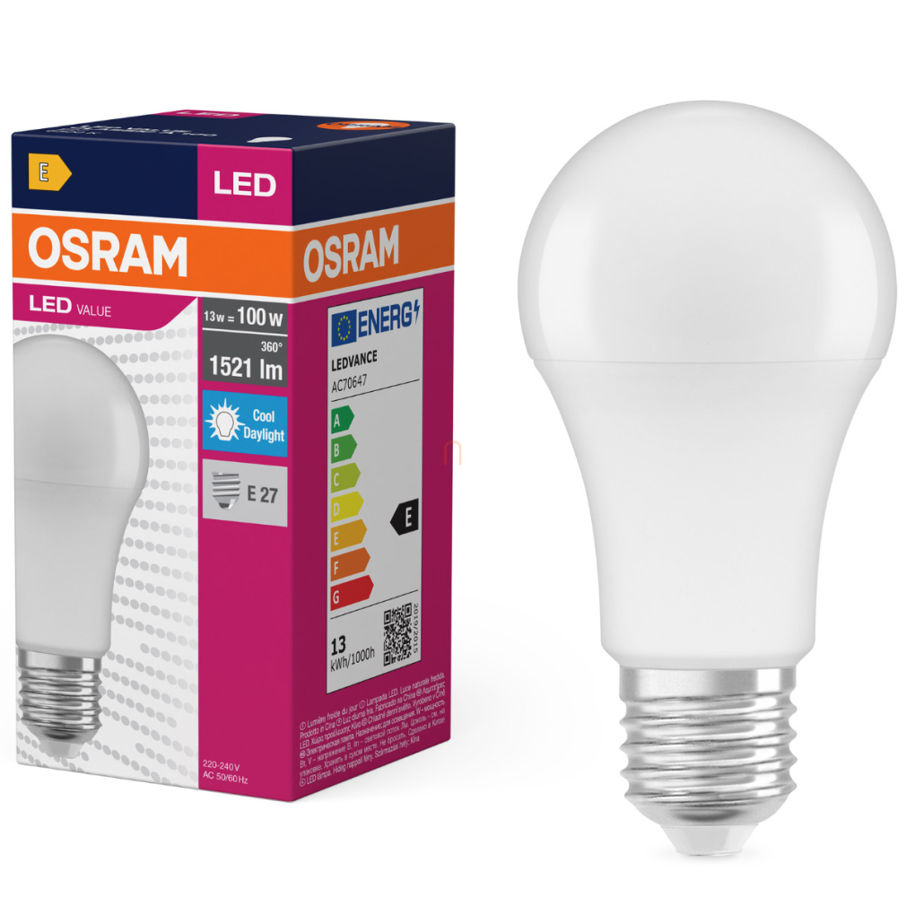 Osram E27 LED 13W, 1521 lm, 6500 K, daylight, opál műanyag-100 W normál izzó helyett - Value Classic A