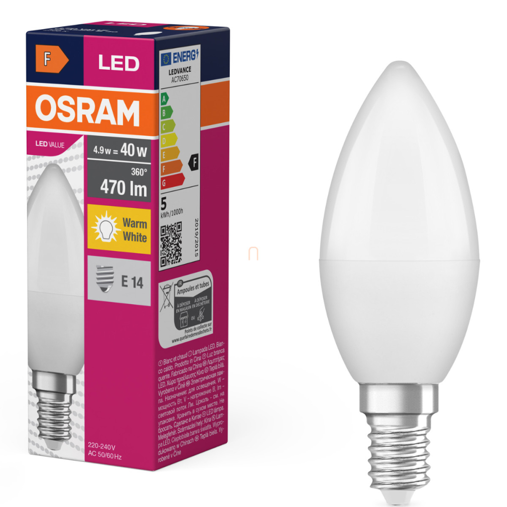 Osram E14 LED gyertya, 4,9W, 470 lm, 2700 K, melegfehér, opál műanyag-40 W izzó helyett - Value Classic B