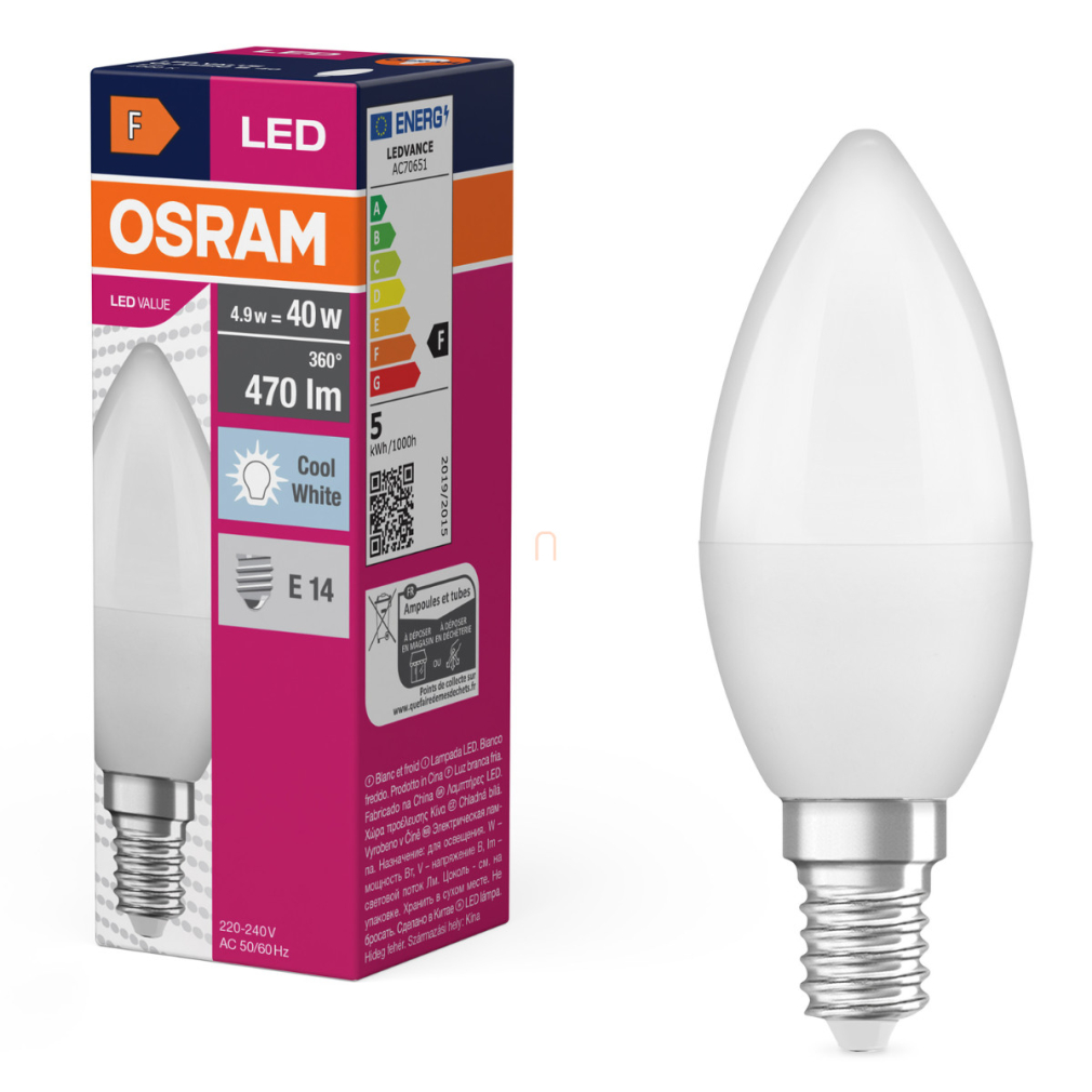 Osram E14 LED gyertya, 4,9W, 470 lm, 4000 K, hidegfehér, opál műanyag-40 W izzó helyett - Value Classic B