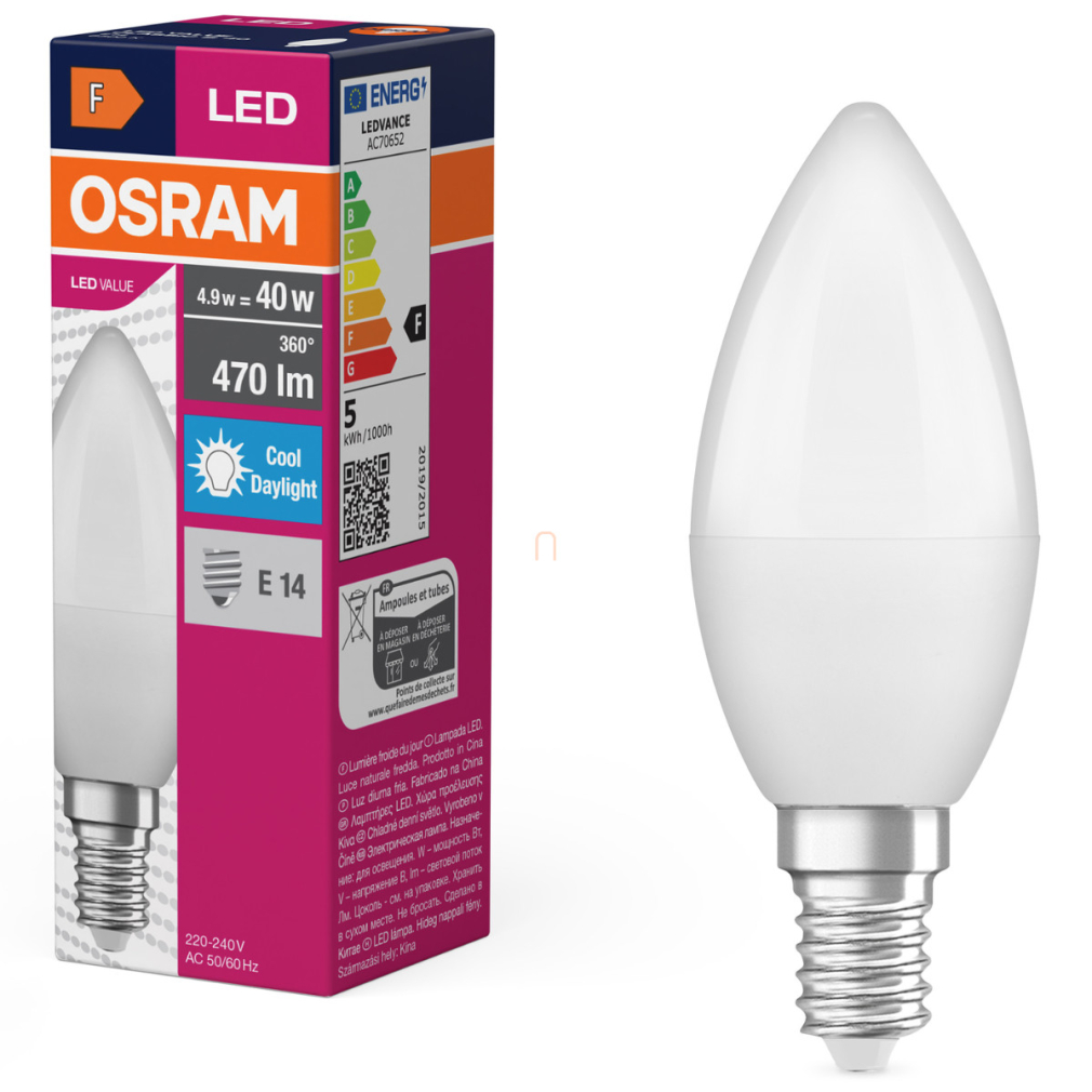 Osram E14 LED gyertya, 4,9W, 470 lm, 6500 K, daylight, opál műanyag-40 W izzó helyett - Value Classic B