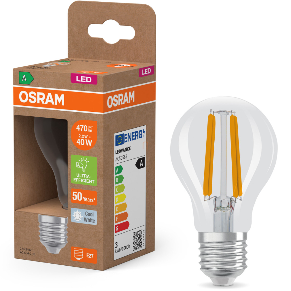 Osram E27 LED 2,2W, 470 lm, 4000 K, hidegfehér, áttetsző üveg-40 W normál izzó helyett - Superstar+ Classic A filament