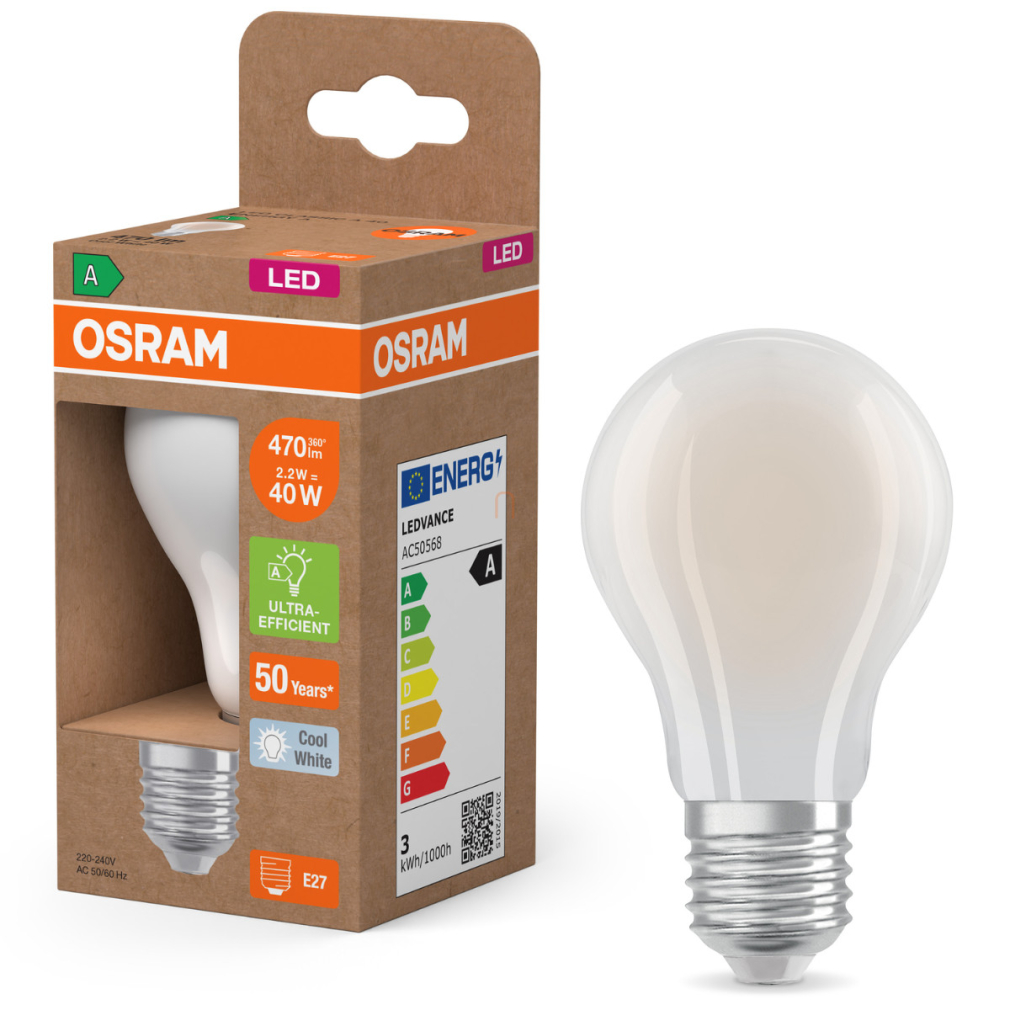 Osram E27 LED 2,2W, 470 lm, 4000 K, hidegfehér, opál üveg-40 W normál izzó helyett - Superstar+ Classic A